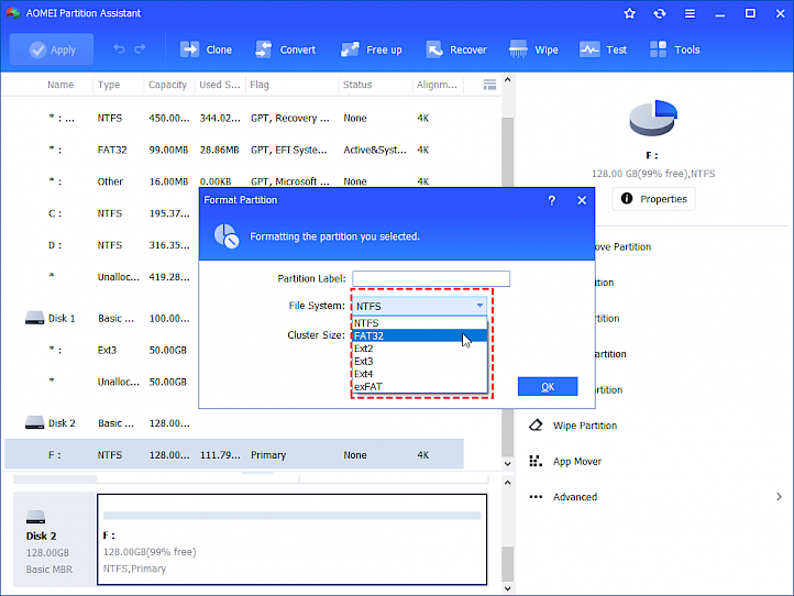 AOMEI Partition Assistant formating partition screenshot.