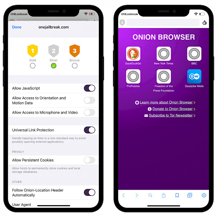 Onion Browser Tor for iOS screenshot.
