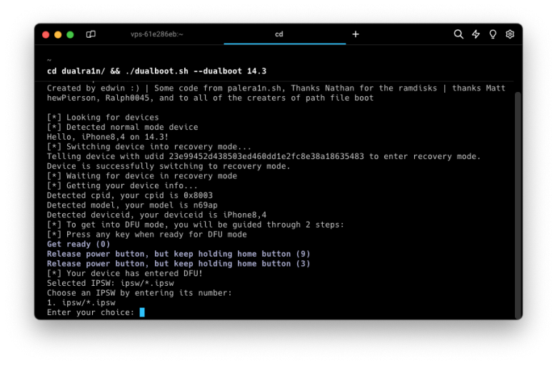 Dualra1n executed throught terminal app on macOS.