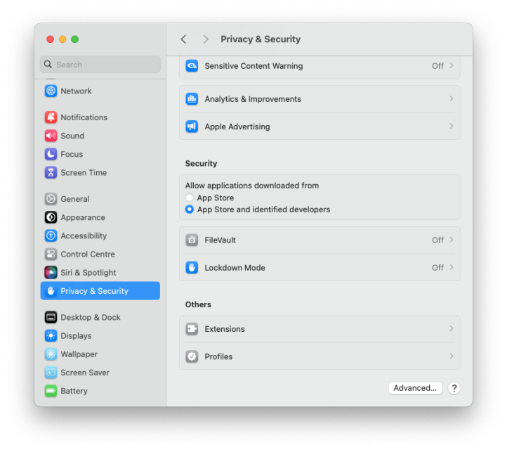 Privacy & Security screenshot.