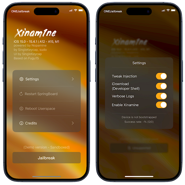 Xinam1ne jailbreak on iPhone screenshot.