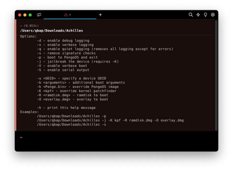Achilles Jailbreak coommand line tool screenshot.