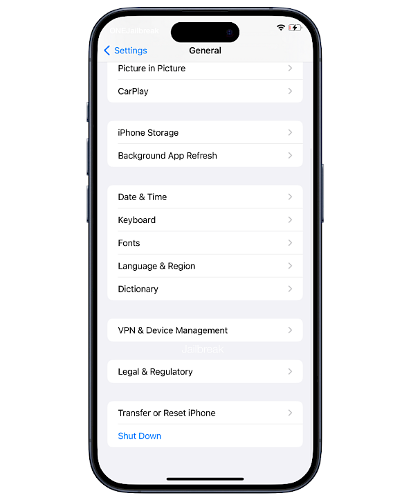 General Section in Settings app screen.