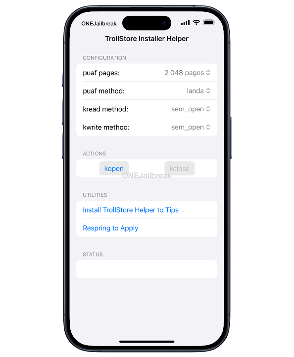 TrollStart TrollStore Installer Helper screenshot.