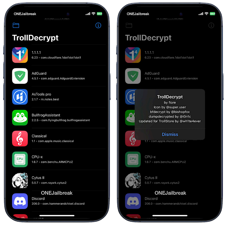 TrollDecrypt for TrollStore app interface screenshot.
