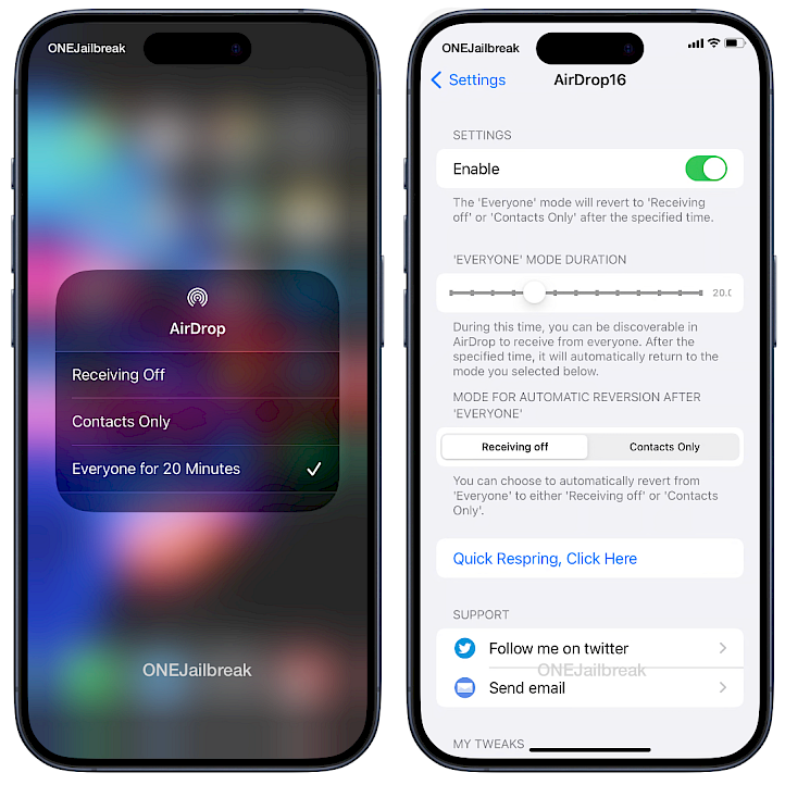 AirDrop16 tweak on iOS 15 and settings pane screen.