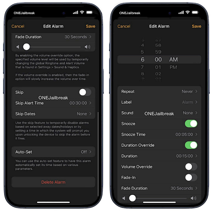 Screenshot of SleeperX tweak preferences in Alarm app.