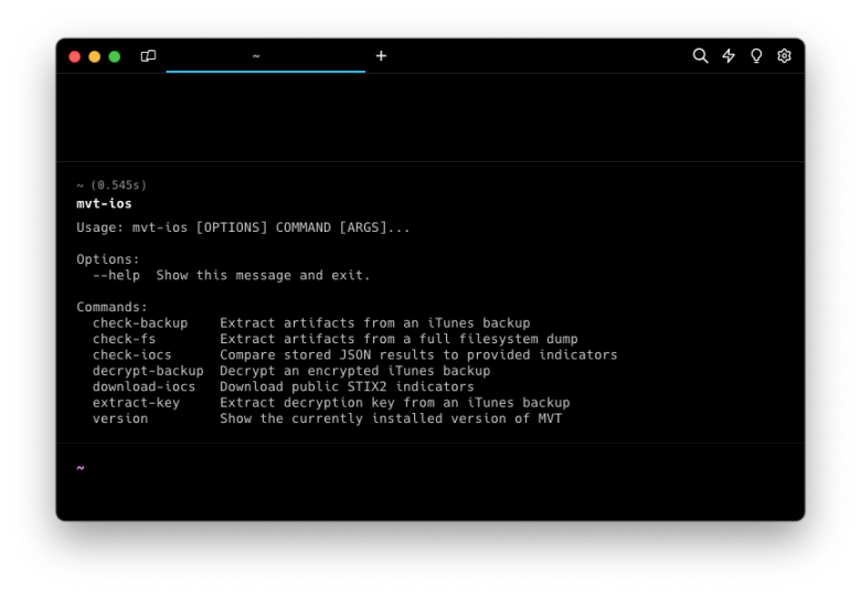 Screenshot fo MVT for iOS in terminal.