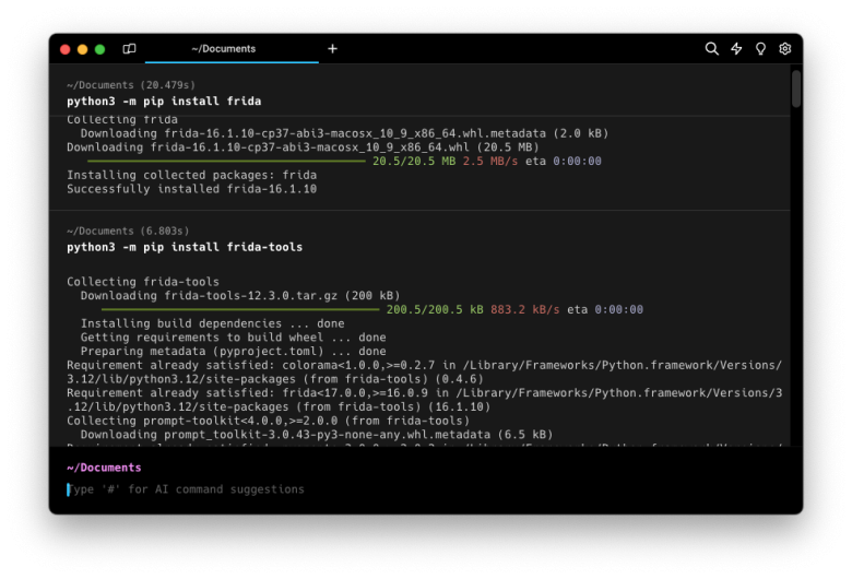 Frida installation from command line.