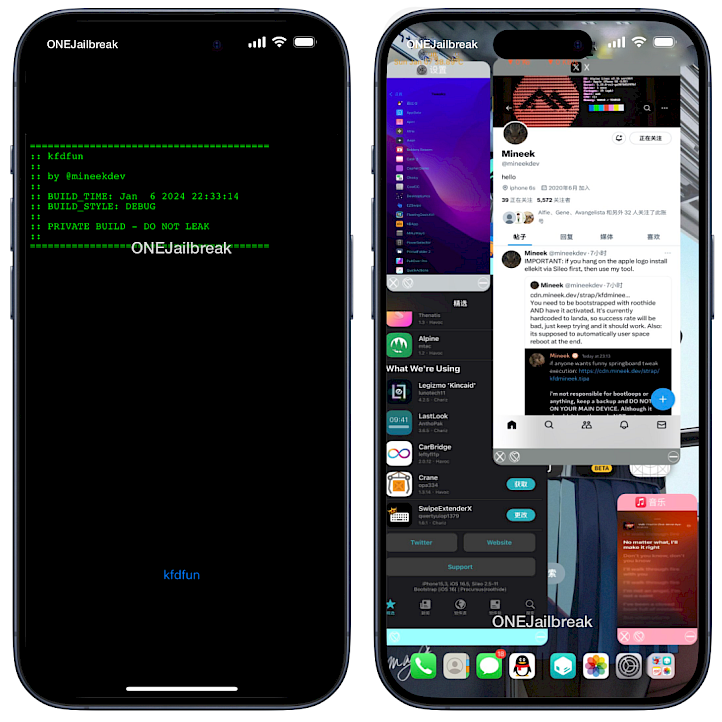 KFDmineek tweak injection with KFD screenshot.