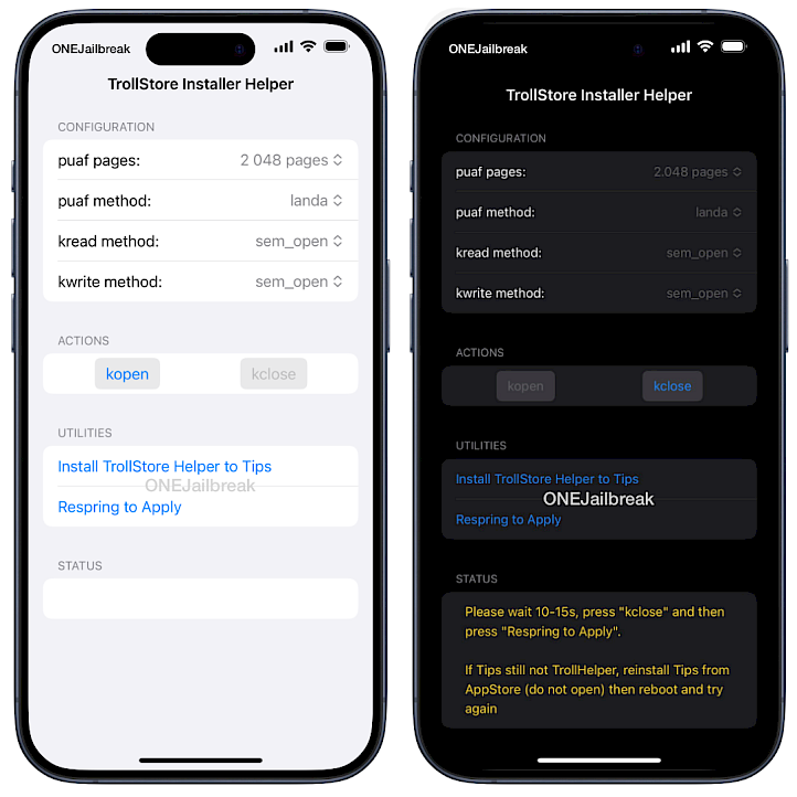 TrollStar KFD TrollStore installer for iOS screenshot.