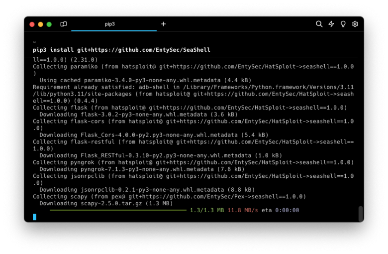 Screenshot of SeaShell installation process in terminal app.