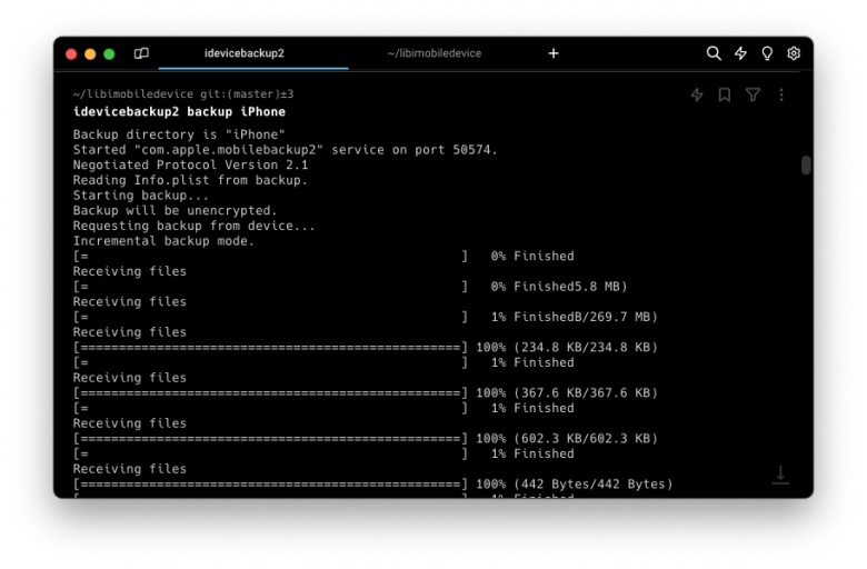 idevicebackup2 creating backup from device screenshot.