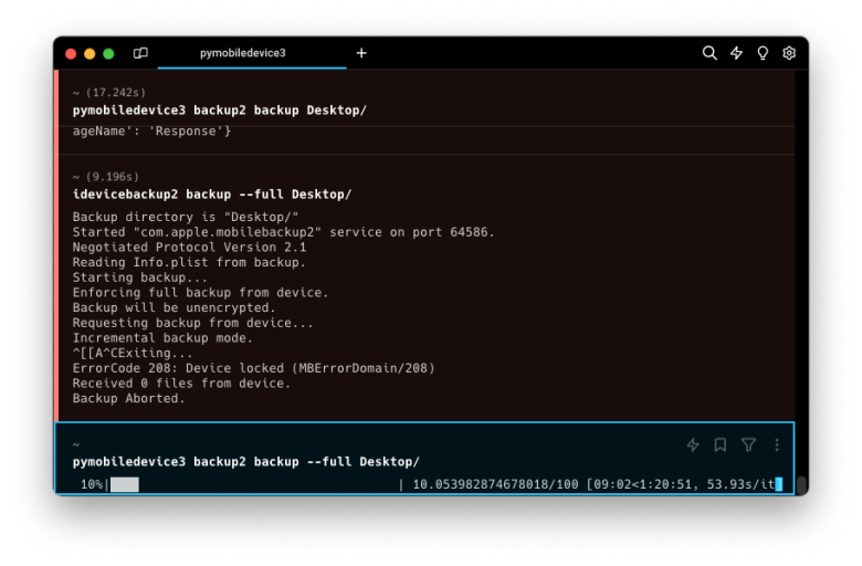 pymobiledevice3 backup iPhone using backup2 parametr.