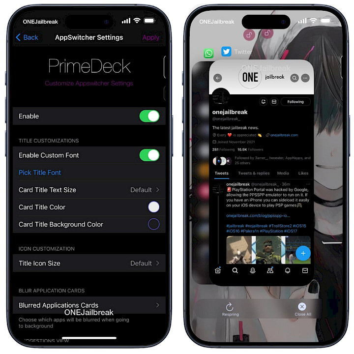 Screenshot of PrimeDeck tweak running on iOS 16.