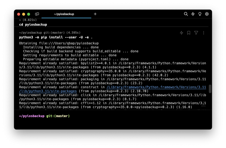 Terminal app showing pyiosbackup installation process.