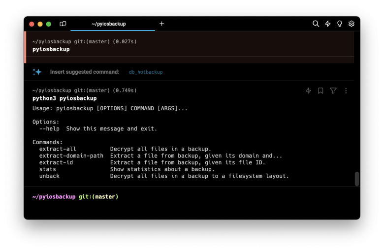 Terminal app showing avauilable options and command for pyiosbackup.