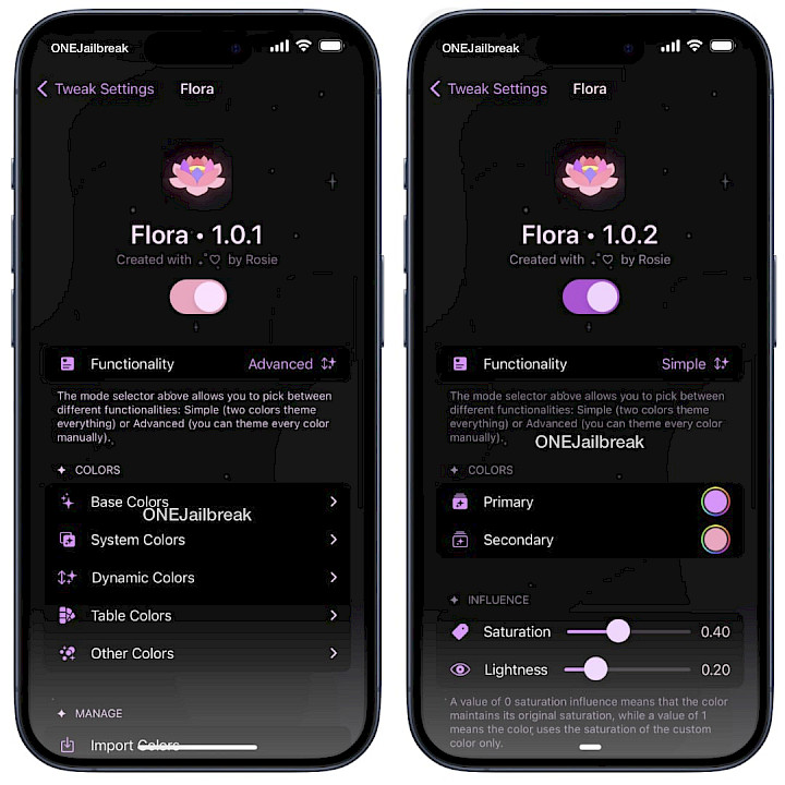 Flora tweak settings screenshot.