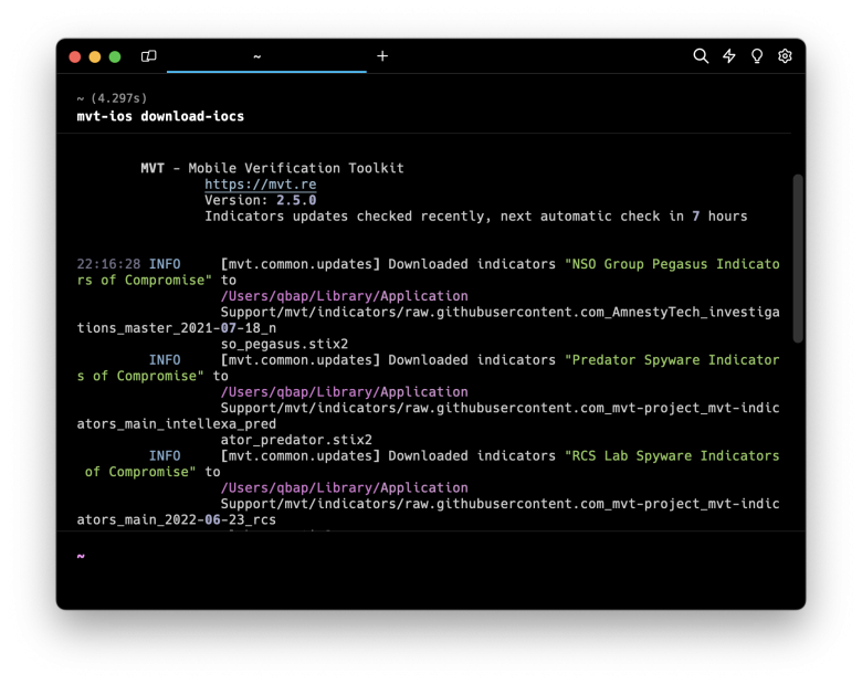 Screenshot of terminal app running MVT NSO Group Pegasus indicators update.