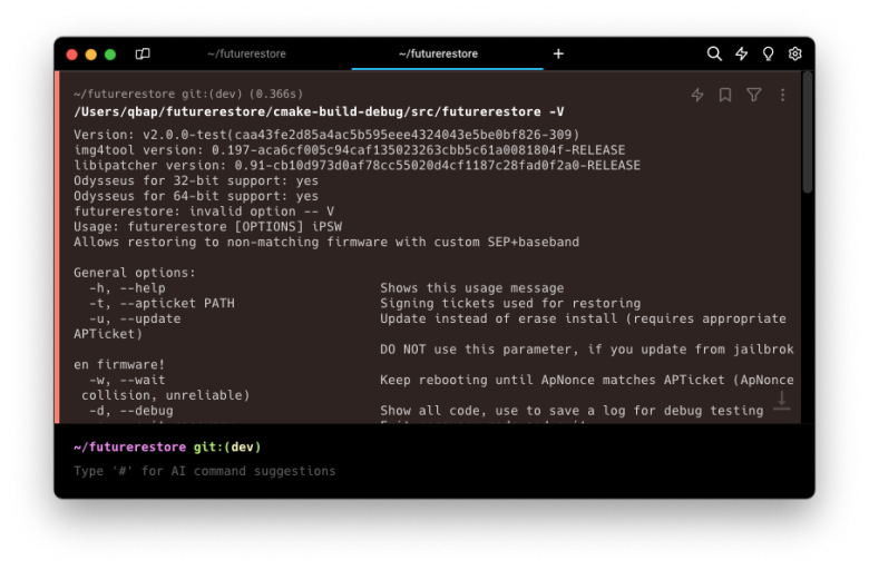 futurerestore 2.0.0-test screenshot from terminal app.