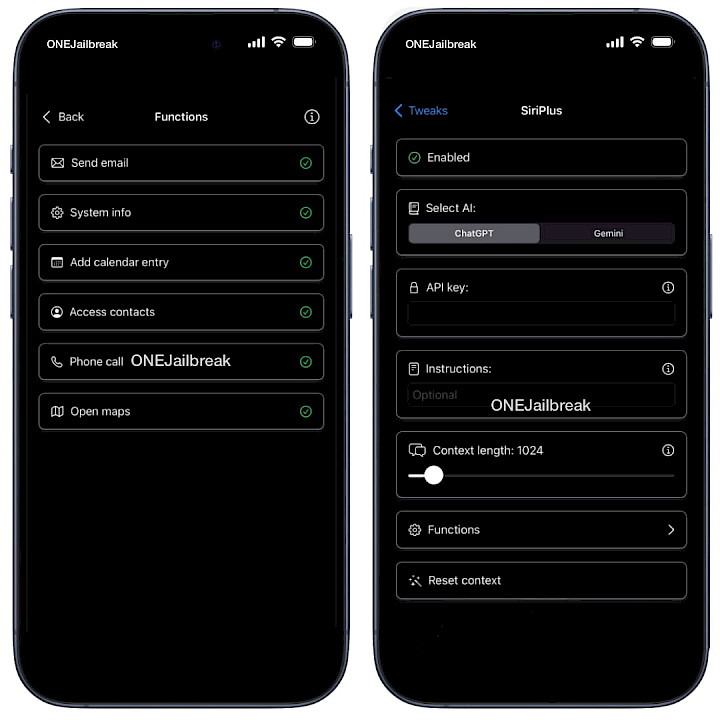 Two iPhones 15 showing SiriPlus preferences.