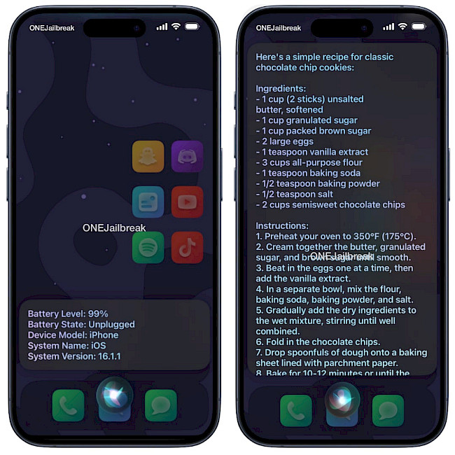 Two iPhone screens showing SiriPlus tweak running on iOS 16.