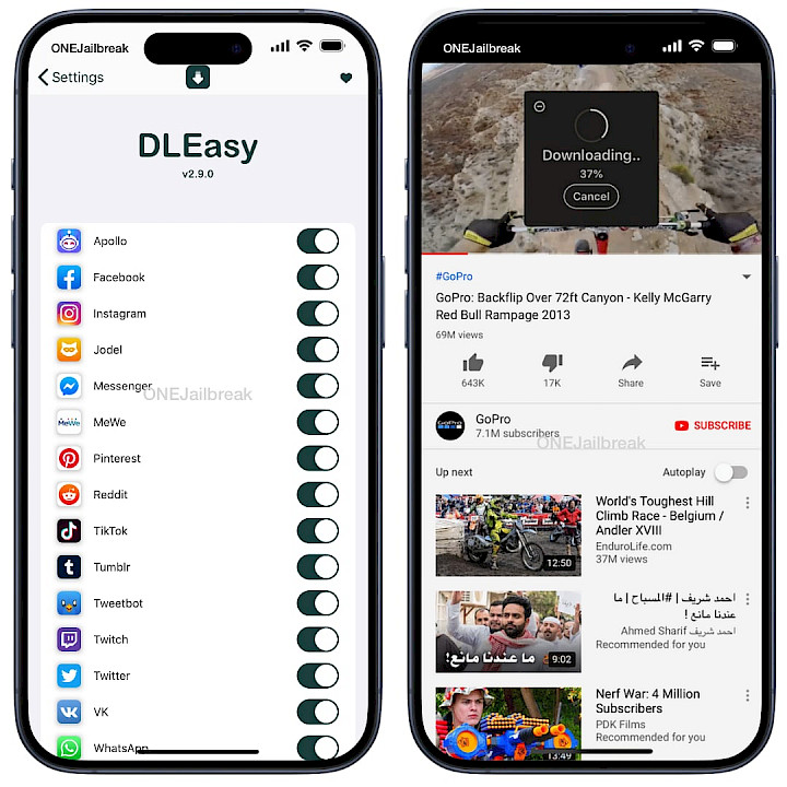 Two iPhone 15 showing DLEasy tweak preference pane and download feature.