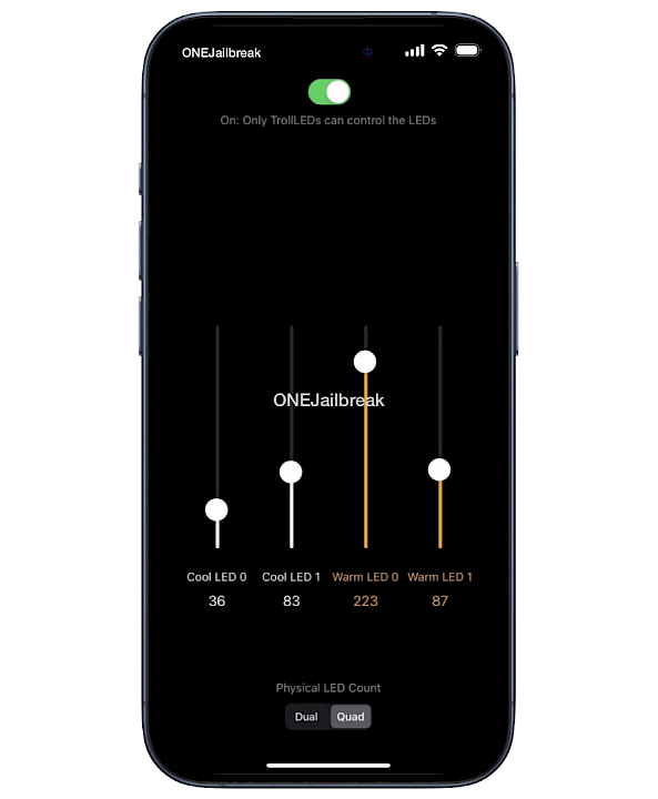 Screenshot of TrollLEDs app for iOS.