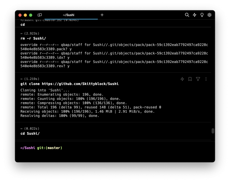 Screenshot of terminal app executing git clone command.