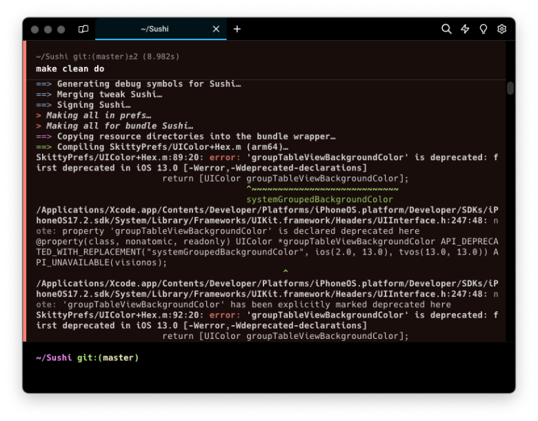 Screenshot of theos compilation errors.