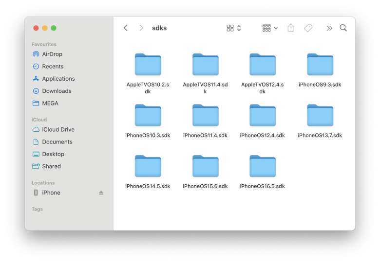 Screenshot of patched SDKs list in Finder.