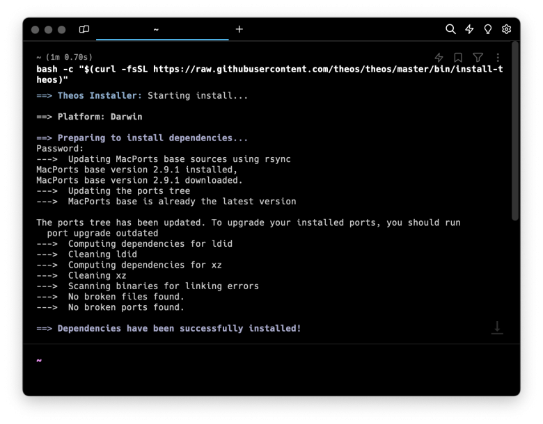 Screenshot of theos installer running in terminal app on macOS.