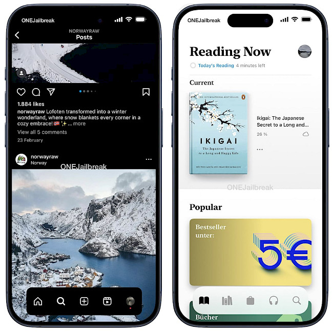 Two iPhones showing Fiona tweak on iOS.