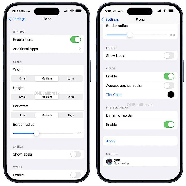 Two iPhone screens showing Fiona tweak preference pane.