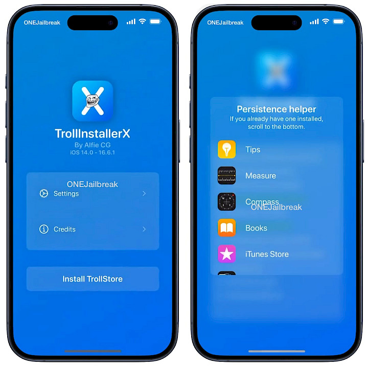 Screenshot of TrollInstallerX app for iOS.