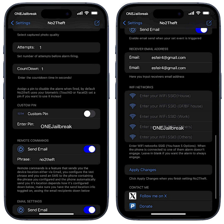 Screenshot of No2Theft iOS 16 preference pane.