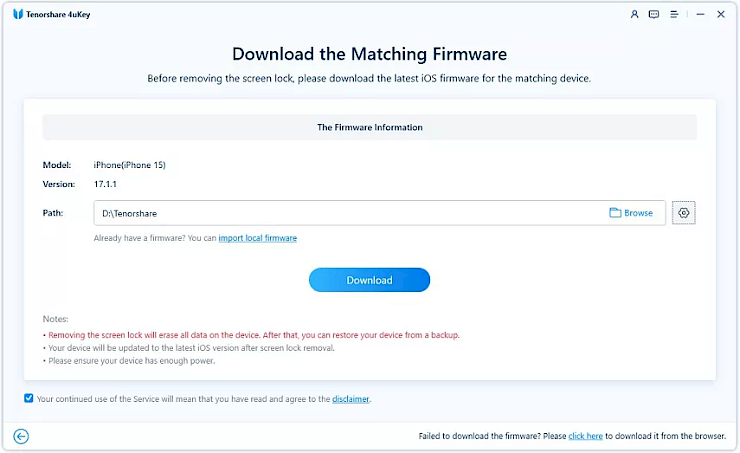 Screenshot of Tenorshare 4uKey iOS Firmware Download window.