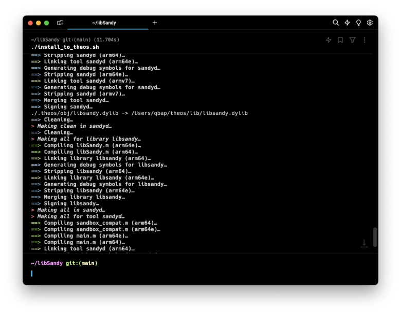 Screenshot of libSandy build process in terminal app.
