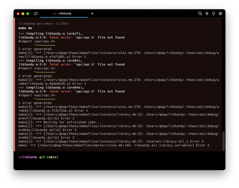 Screenshot of libSandy compilation errors.