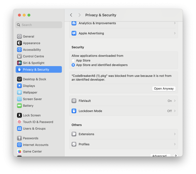 Screenshot of Privacy & Security on macOS Sonoma.