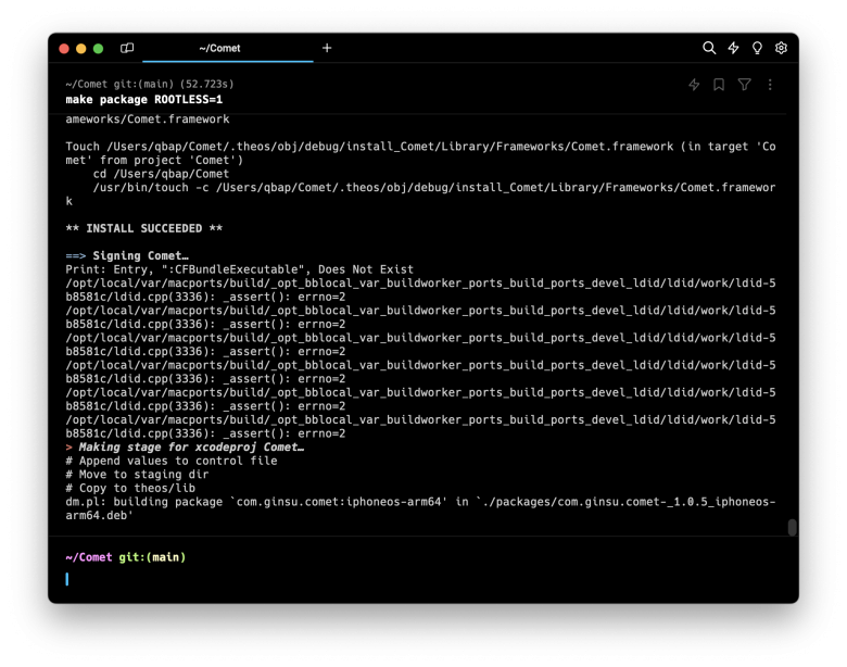 Screenshot of Comet framework build process in terminal app.
