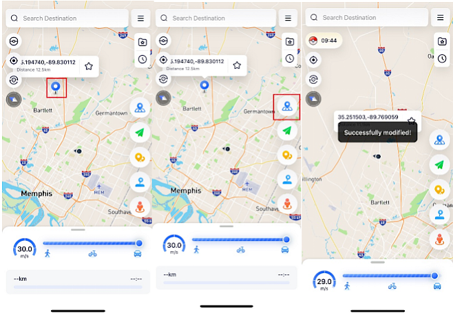 Screenshot of setting a fake GPS location in iAnyGo app.