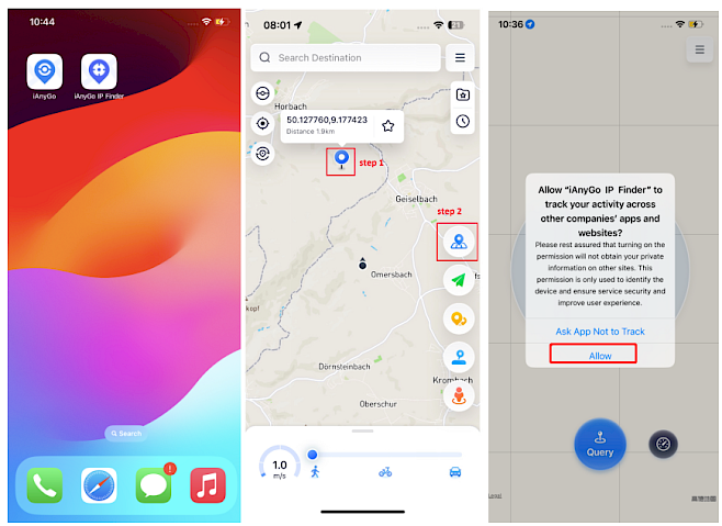 Screenshot of three iPhone screens showing the iAnyGo app.