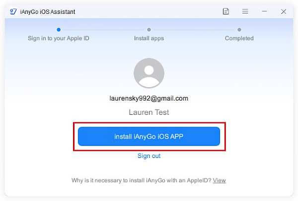 Screenshot of iAnyGo Assistant installation app.