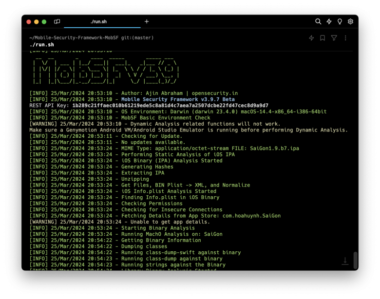 Screenshot of Mobile Security Framework (MobSF) running in terminal app.