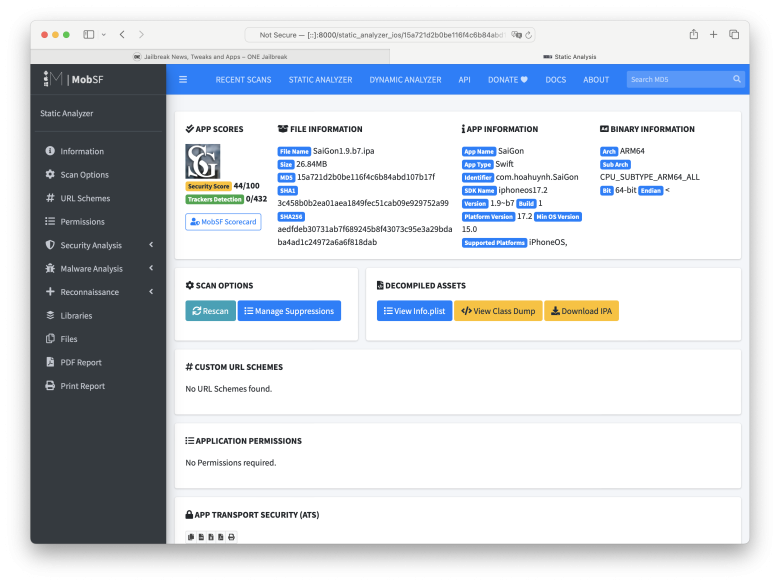Screenshot of MobSF Static analyse of IPA package.