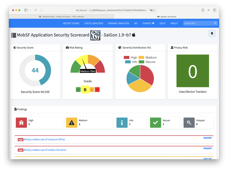 Screenshot of Mobile Security Framework (MobSF) Scorecard.