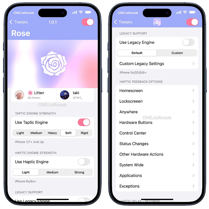 Screenshot of Rose the haptic feedback tweak for iOS.