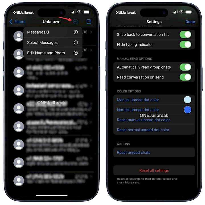 Screenshot of MessagesXI tweak running iOS 16.