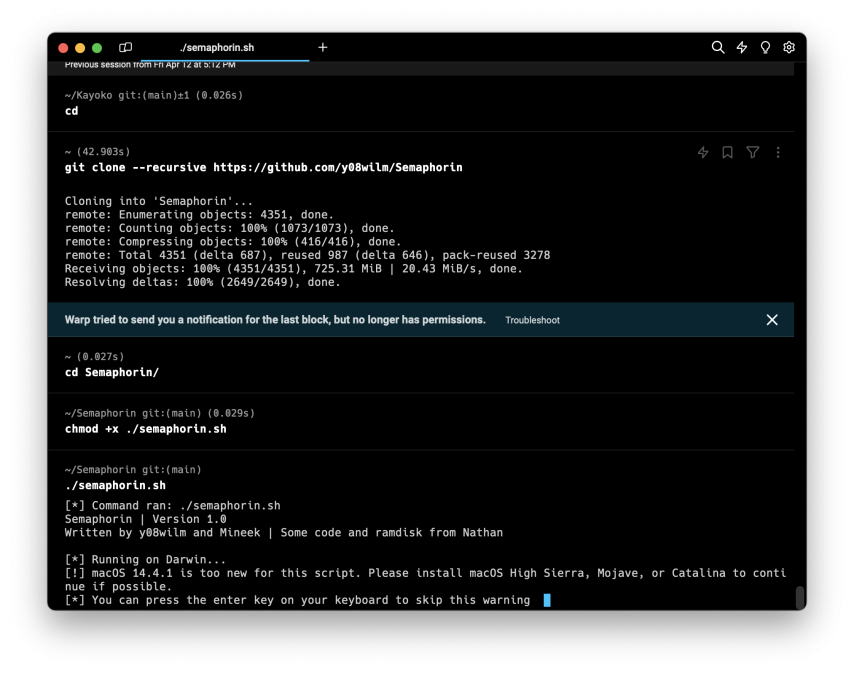 Screenshot of running semaphorin script inside terminal app on macOS.